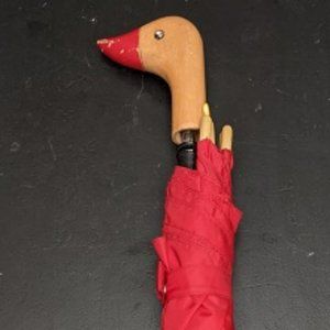 Vintage Carved Wood Duck Handle Red Umbrella By Raines - Working Push Button